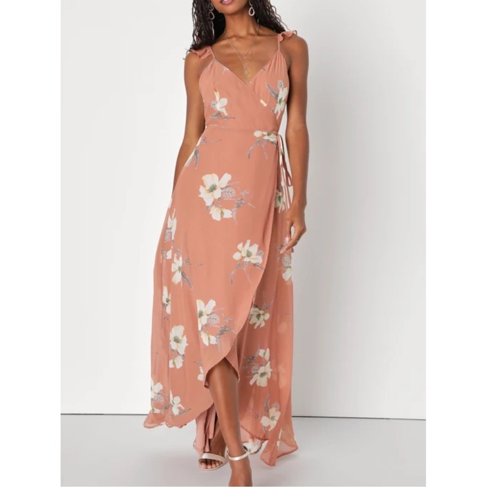 LULU'S Large All Mine Rusty Rose Floral Print High-Low Wrap Dress Wedding‎ Guest